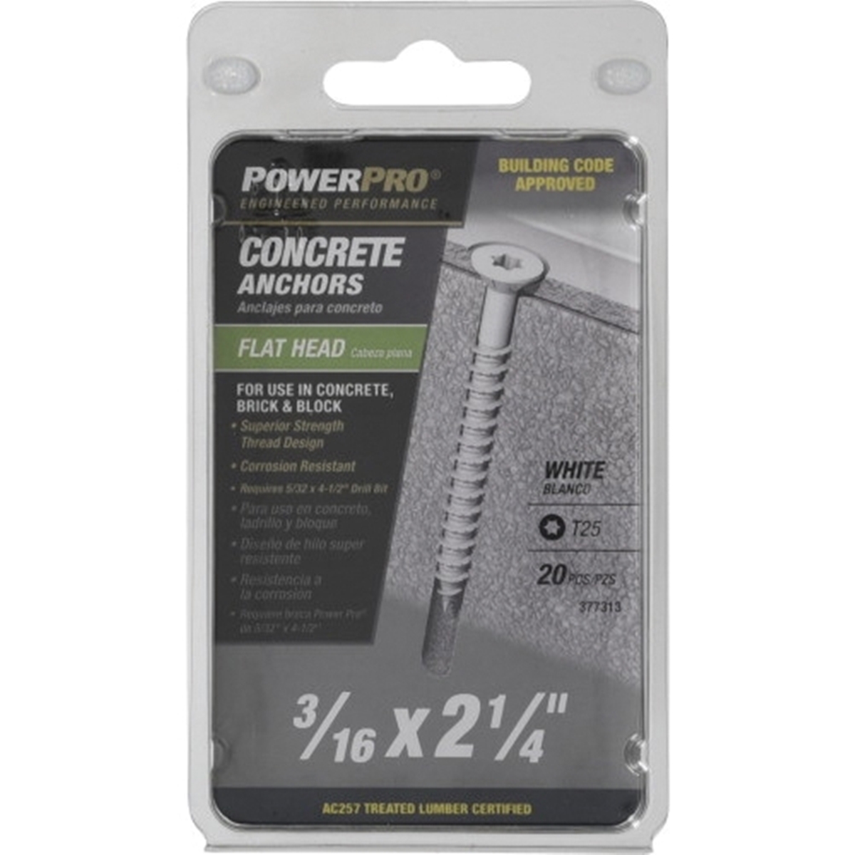 Power Pro 377313 Concrete Screw Anchor, 3/16 in Dia, 2-1/4 in L, Carbon Steel, 20/PK