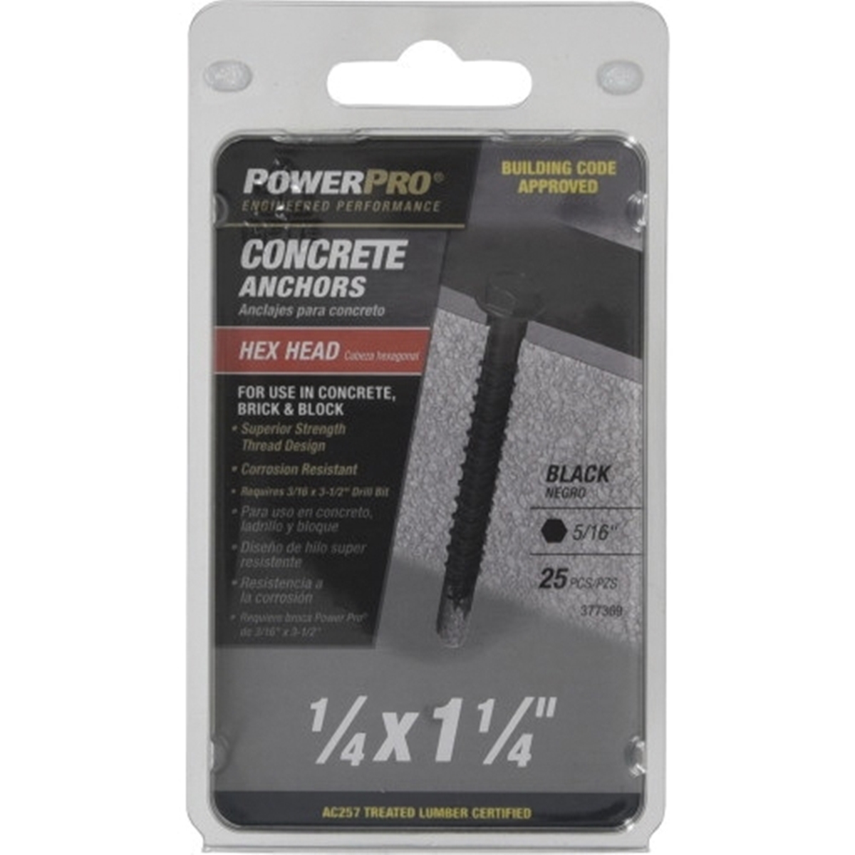 Power Pro 377369 Concrete Screw Anchor, 1/4 in Dia, 1-1/4 in L, Carbon Steel, Epoxy-Coated, Black, 25/PK