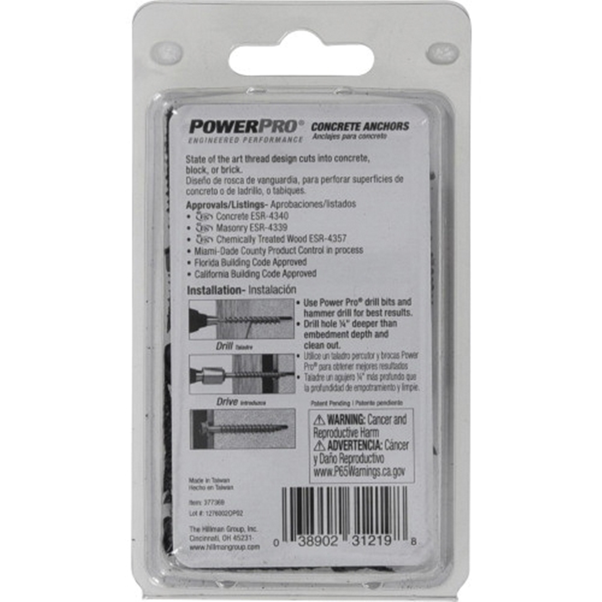 Power Pro 377369 Concrete Screw Anchor, 1/4 in Dia, 1-1/4 in L, Carbon Steel, Epoxy-Coated, Black, 25/PK