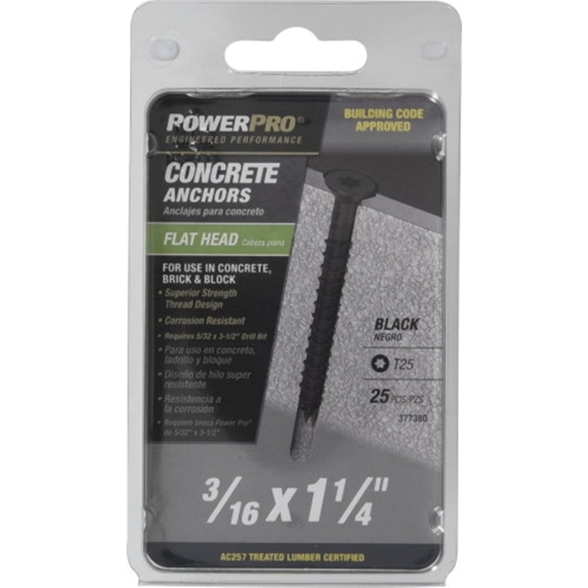 Power Pro 377380 Concrete Screw Anchor, 3/16 in Dia, 1-1/4 in L, Carbon Steel, Epoxy-Coated, 25/PK