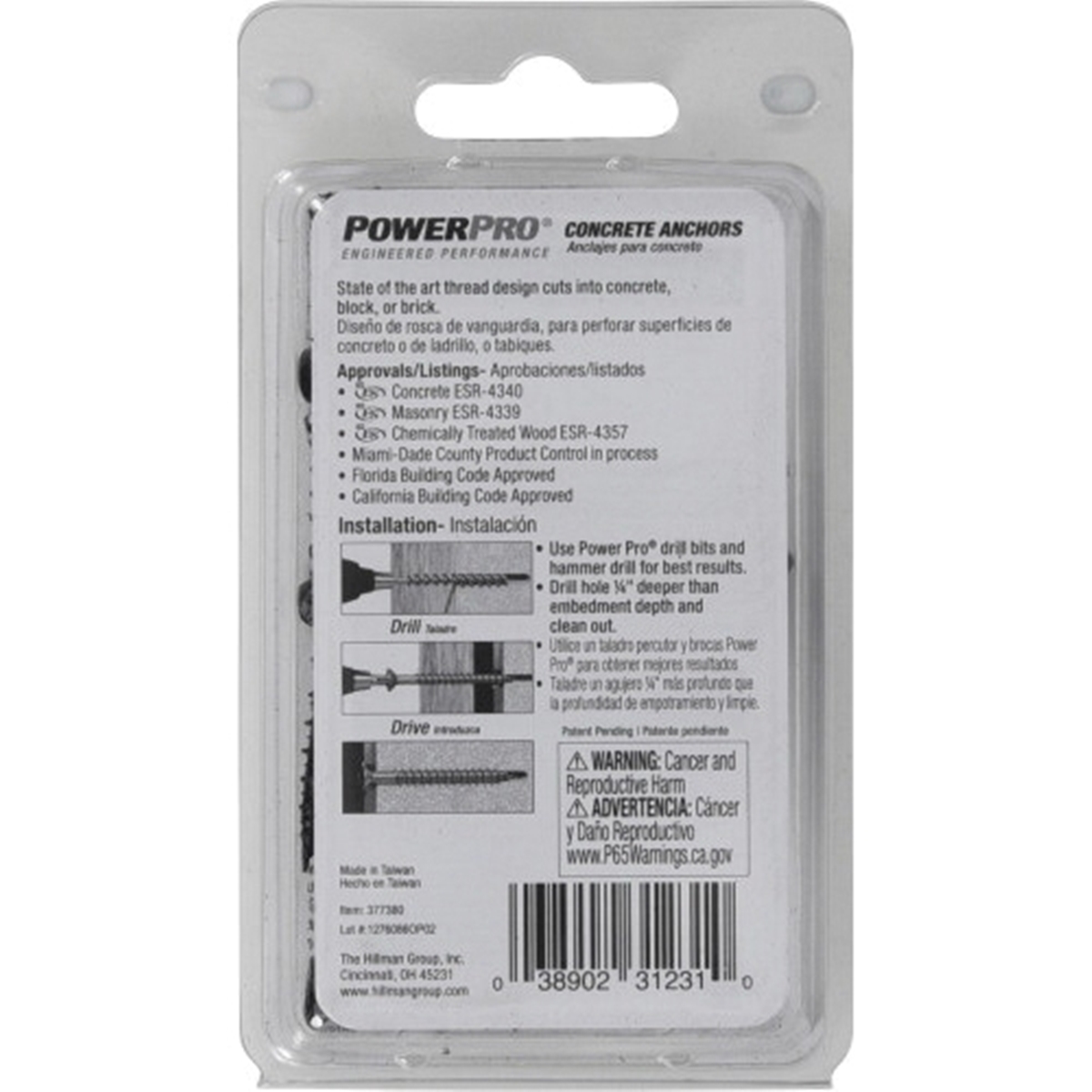 Power Pro 377380 Concrete Screw Anchor, 3/16 in Dia, 1-1/4 in L, Carbon Steel, Epoxy-Coated, 25/PK