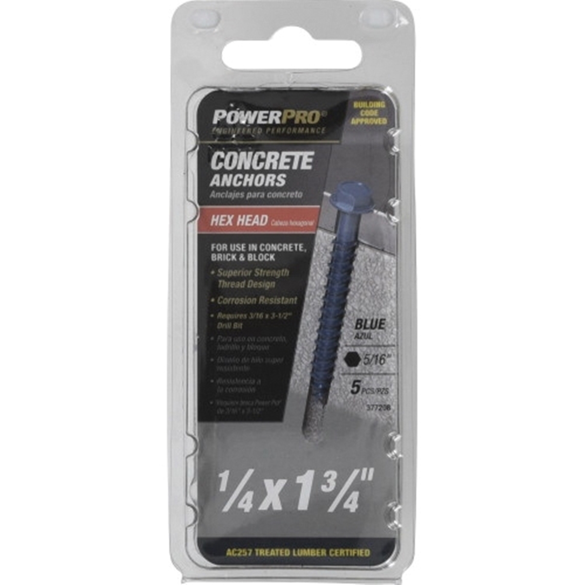 Concrete Screw Anchor, Power Pro, Blue, Hex-Drive, Washer-Head, 1/4 in x 1-3/4 in, 5 PC - 5
