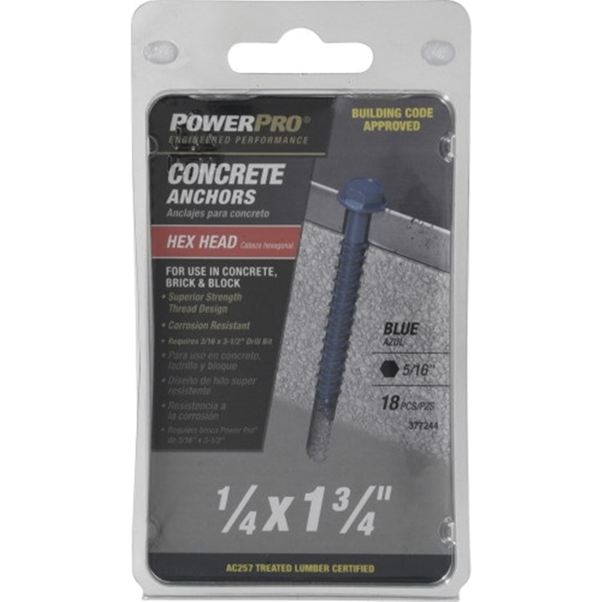 Power Pro 377244 Concrete Screw Anchor, 1/4 in Dia, 1-3/4 in L, Carbon Steel, Epoxy-Coated, Blue, 18/PK