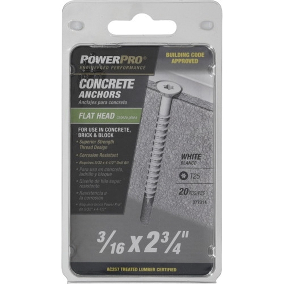 Power Pro 377314 Concrete Screw Anchor, 3/16 in Dia, 2-3/4 in L, Carbon Steel, Epoxy-Coated, 20/PK