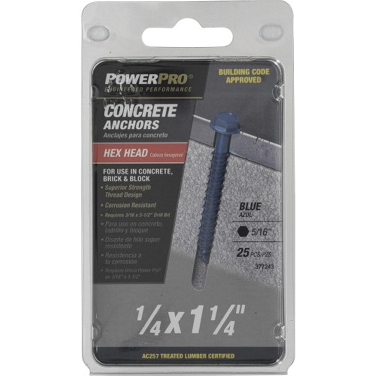 Power Pro 377243 Concrete Screw Anchor, 1/4 in Dia, 1-1/4 in L, Carbon Steel, Epoxy-Coated, Blue, 25/PK