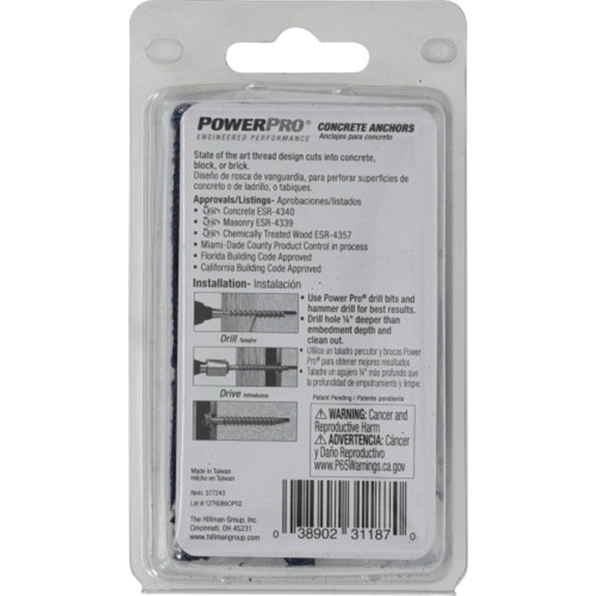 Power Pro 377243 Concrete Screw Anchor, 1/4 in Dia, 1-1/4 in L, Carbon Steel, Epoxy-Coated, Blue, 25/PK