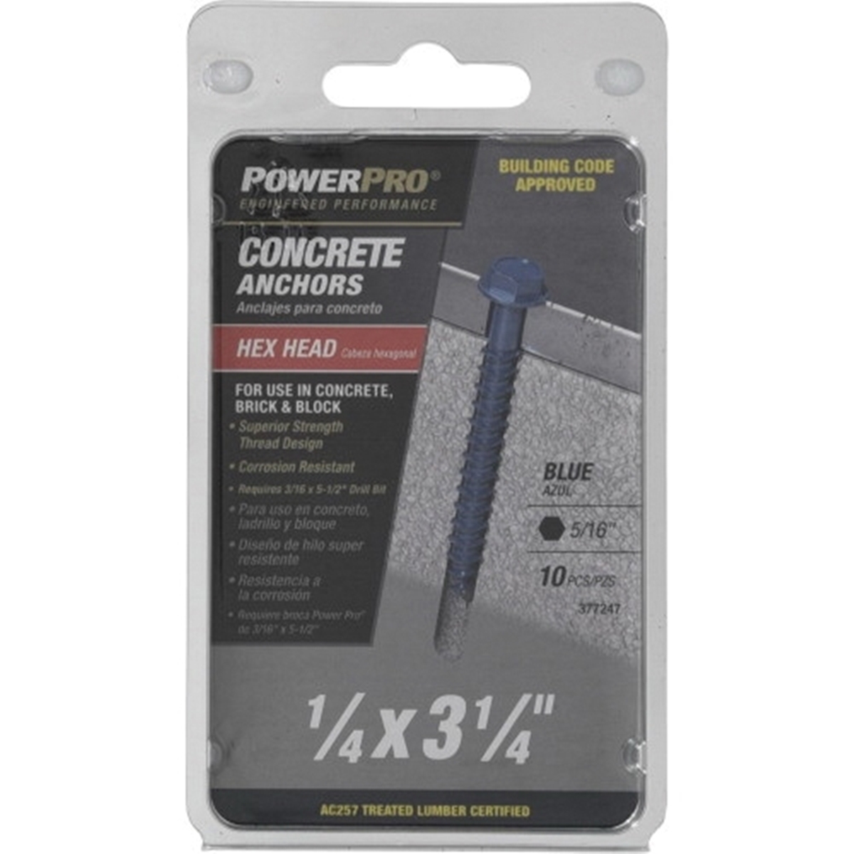 Concrete Screw Anchor, Power Pro, Blue, Hex-Drive, Washer-Head, 1/4 in x 3-1/4 in, 10 PC - 5