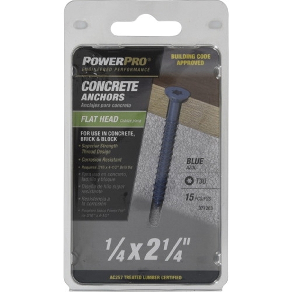 Power Pro 377263 Concrete Screw Anchor, 1/4 in Dia, 2-1/4 in L, Carbon Steel, Epoxy-Coated, 15/PK