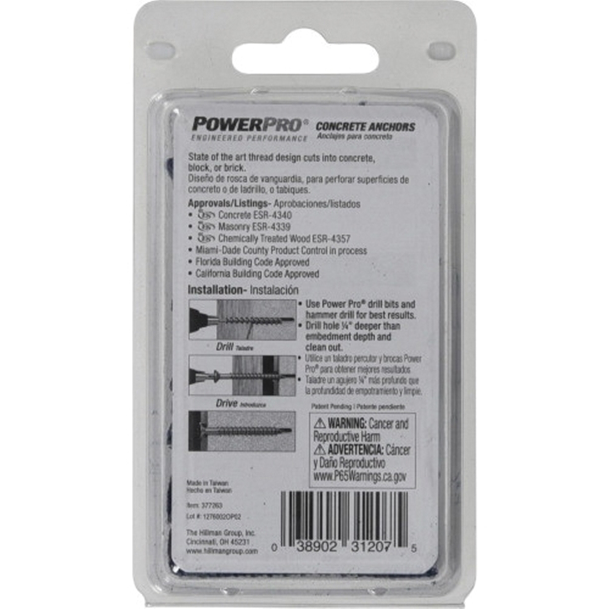 Power Pro 377263 Concrete Screw Anchor, 1/4 in Dia, 2-1/4 in L, Carbon Steel, Epoxy-Coated, 15/PK