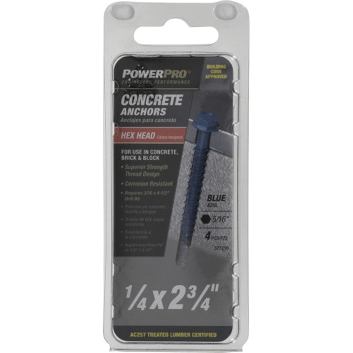 Concrete Screw Anchor, Power Pro, Blue, Hex-Drive, Washer-Head, 1/4 in x 2-3/4 in, 4 PC - 5
