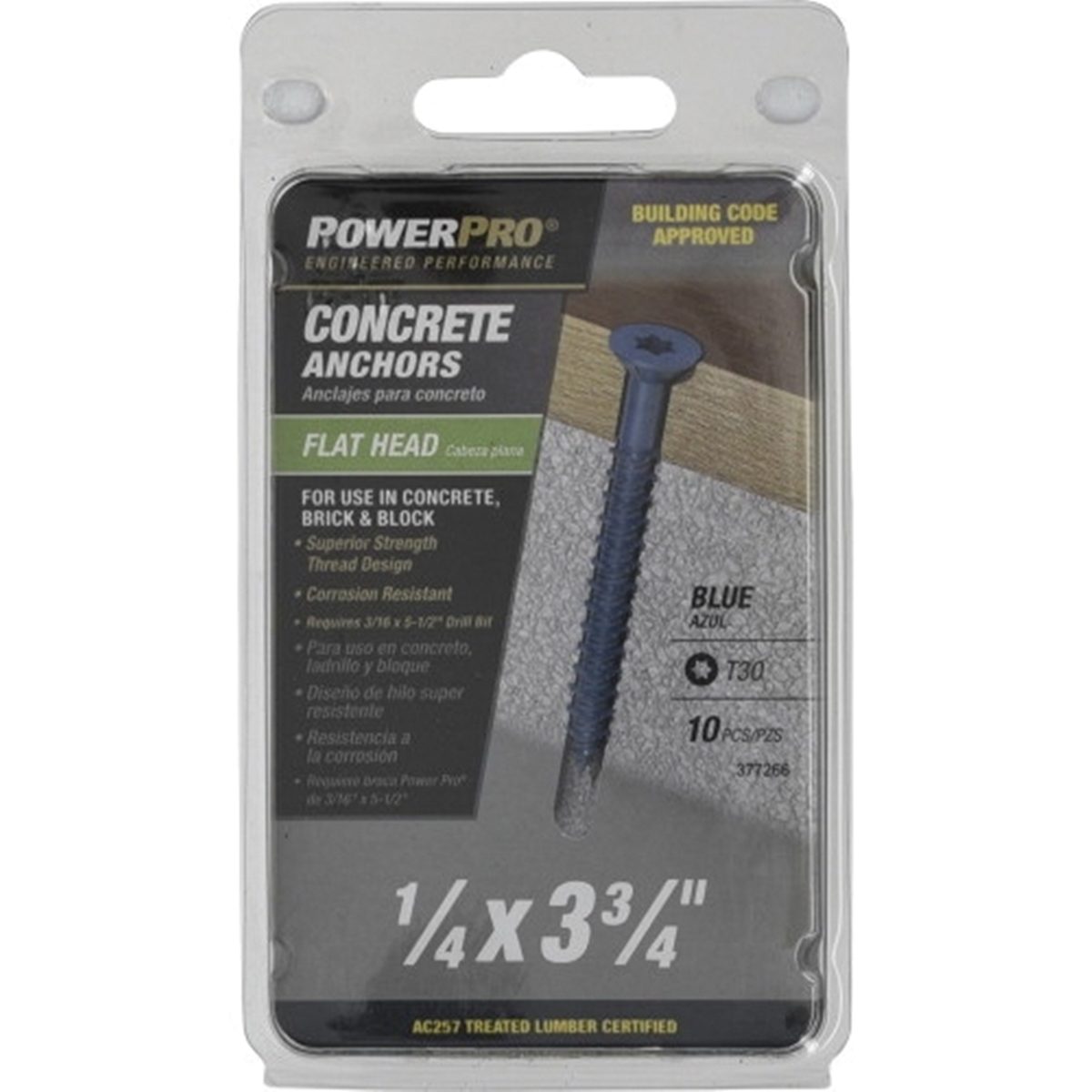 Power Pro 377266 Concrete Screw Anchor, 1/4 in Dia, 3-3/4 in L, Carbon Steel, Epoxy-Coated, 10/PK