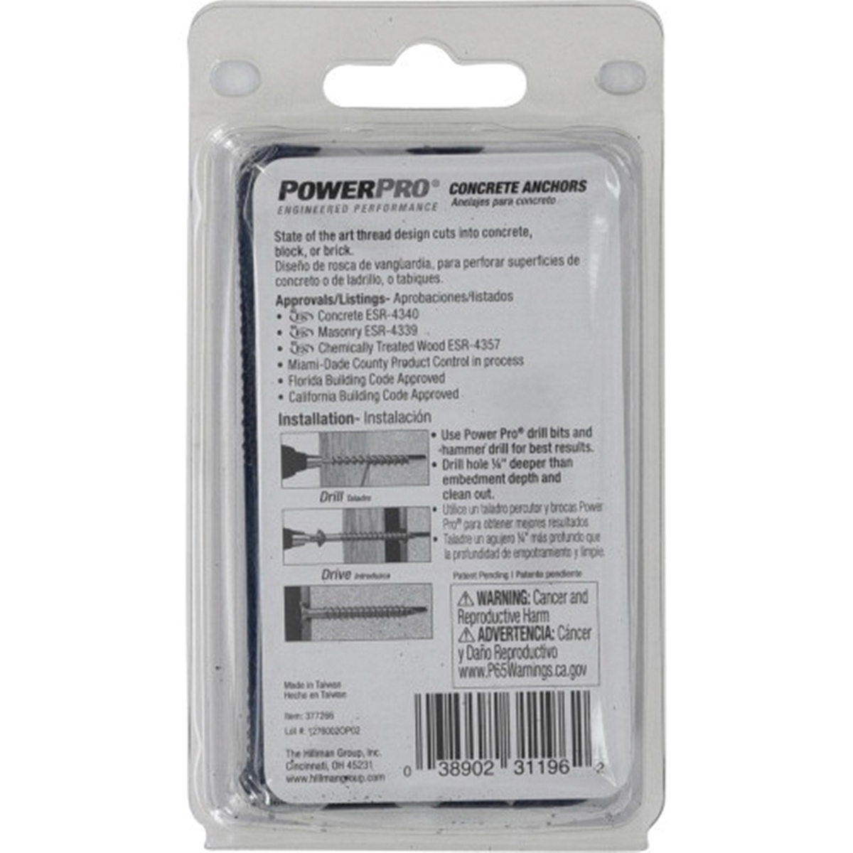 Power Pro 377266 Concrete Screw Anchor, 1/4 in Dia, 3-3/4 in L, Carbon Steel, Epoxy-Coated, 10/PK