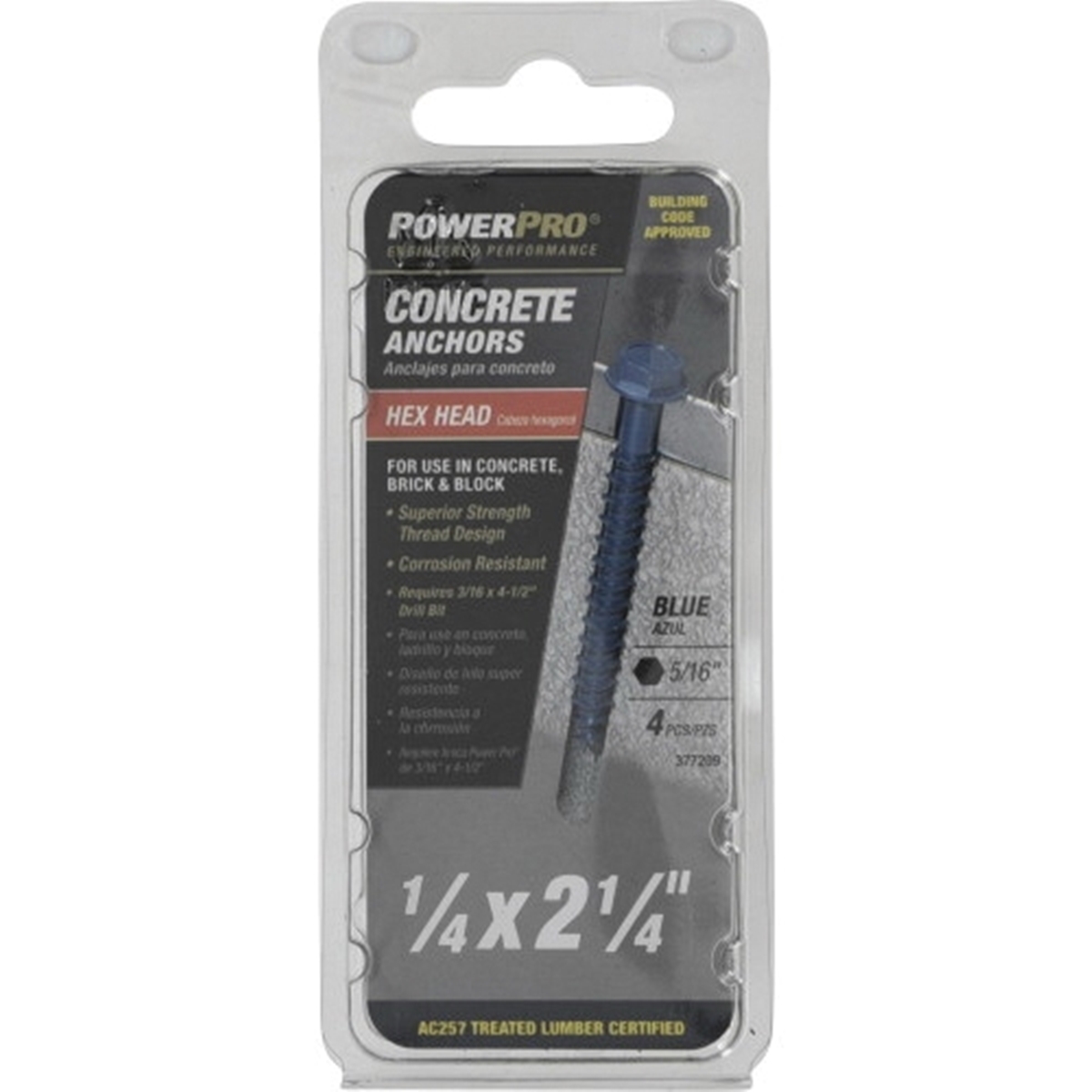 Concrete Screw Anchor, Power Pro, Blue, Hex-Drive, Washer-Head, 1/4 in x 2-1/4 in, 4 PC - 5
