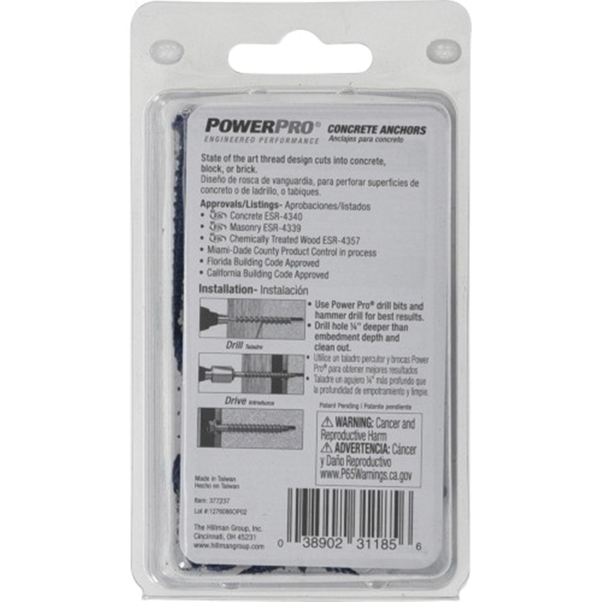 Power Pro 377237 Concrete Screw Anchor, 3/16 in Dia, 1-3/4 in L, Carbon Steel, Epoxy-Coated, 25/PK