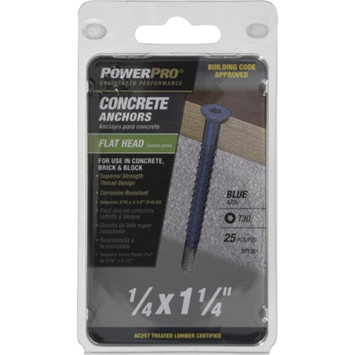 Power Pro 377261 Concrete Screw Anchor, 1/4 in Dia, 1-1/4 in L, Carbon Steel, Epoxy-Coated