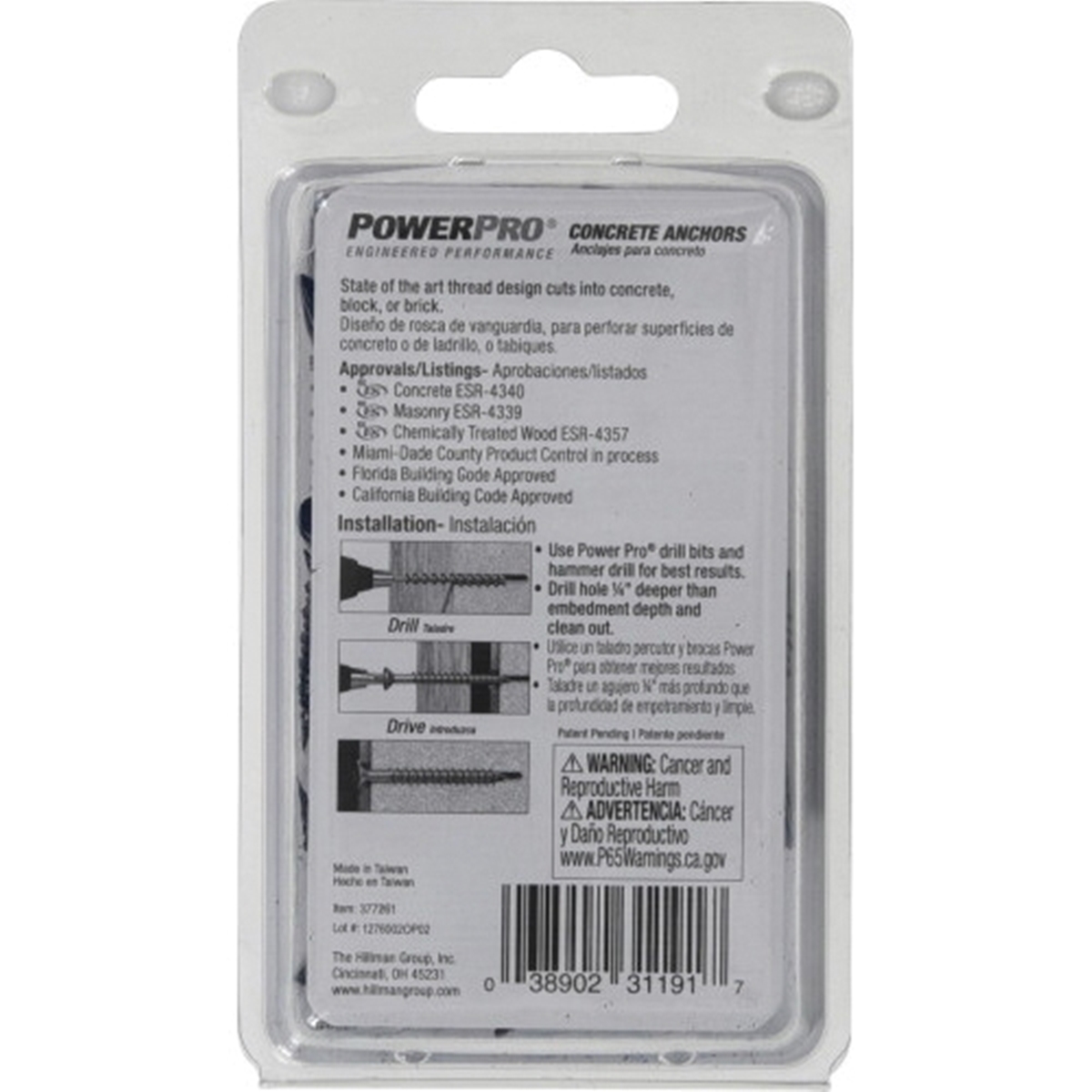 Power Pro 377261 Concrete Screw Anchor, 1/4 in Dia, 1-1/4 in L, Carbon Steel, Epoxy-Coated
