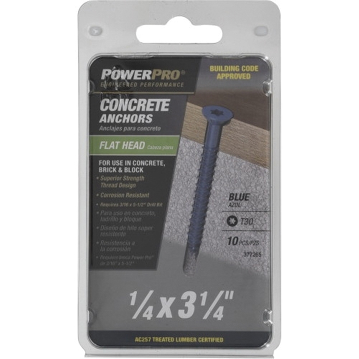 Power Pro 377265 Concrete Screw Anchor, 1/4 in Dia, 3-1/4 in L, Carbon Steel, Epoxy-Coated, 10/PK