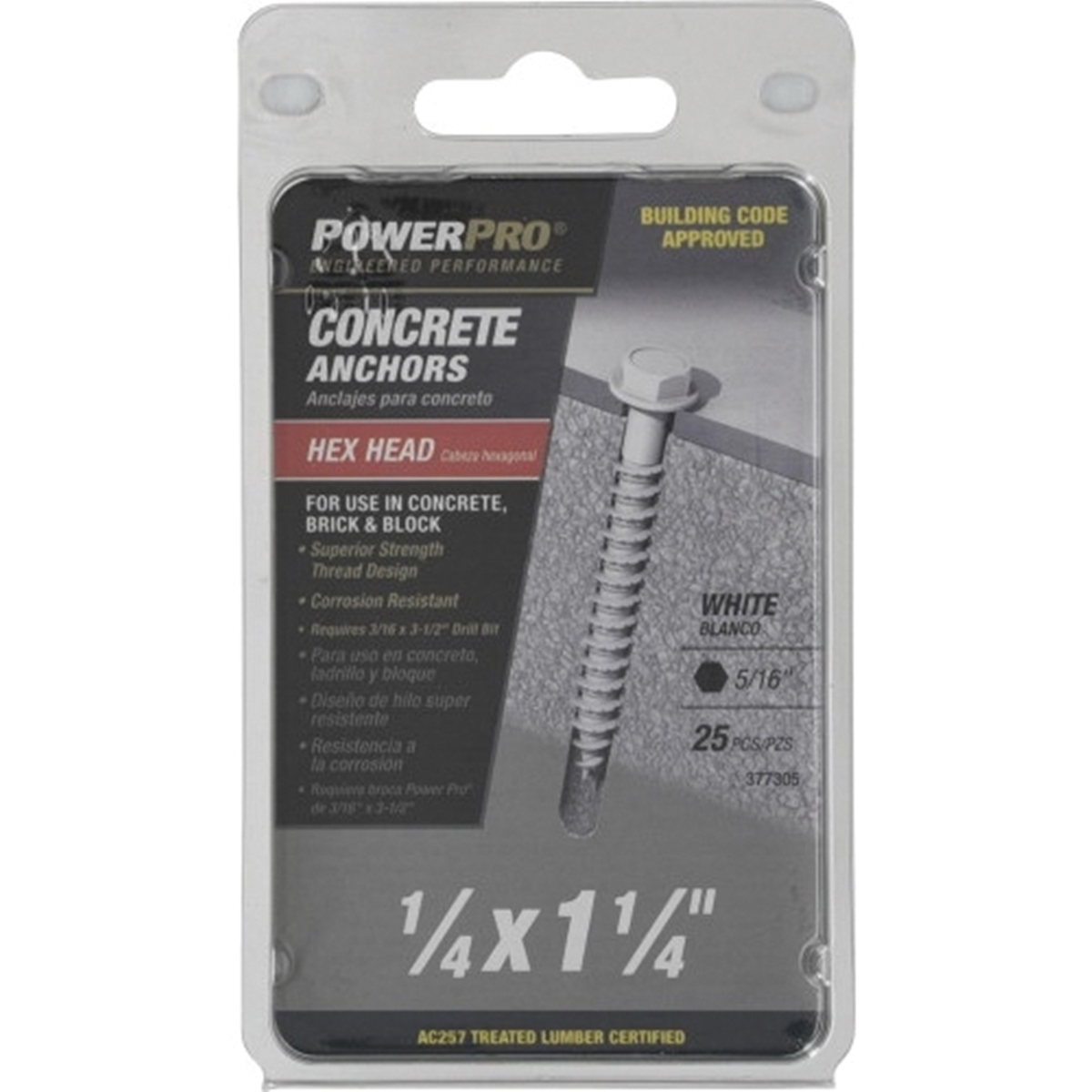 Power Pro 377305 Concrete Screw Anchor, 1/4 in Dia, 1-1/4 in L, Carbon Steel, Epoxy-Coated, White, 25/PK