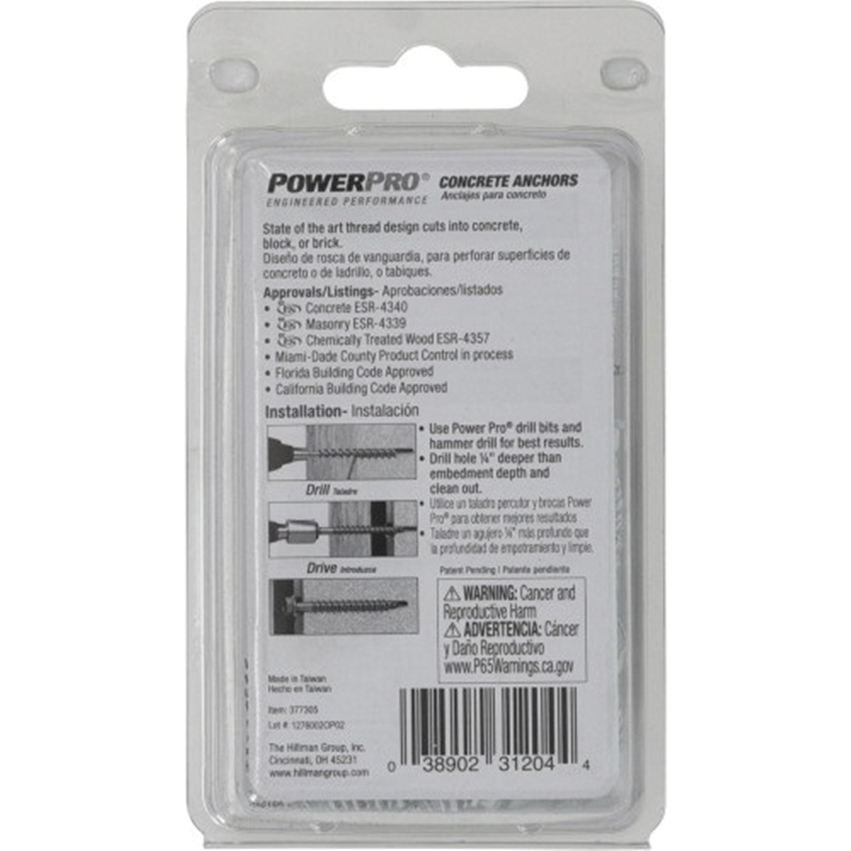 Power Pro 377305 Concrete Screw Anchor, 1/4 in Dia, 1-1/4 in L, Carbon Steel, Epoxy-Coated, White, 25/PK