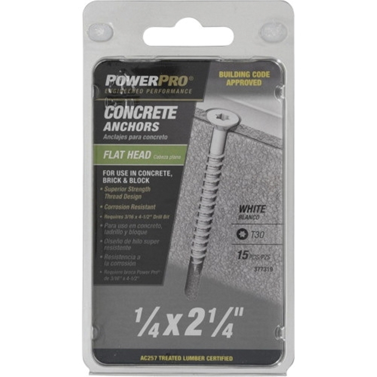Power Pro 377319 Concrete Screw Anchor, 1/4 in Dia, 2-1/4 in L, Carbon Steel, Epoxy-Coated