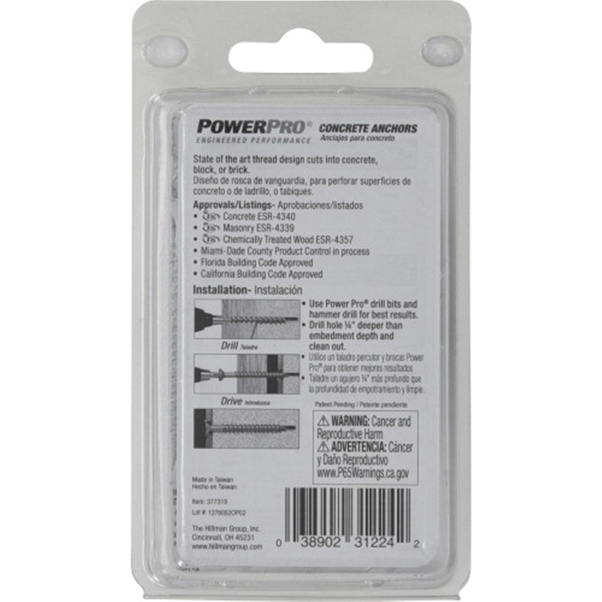 Power Pro 377319 Concrete Screw Anchor, 1/4 in Dia, 2-1/4 in L, Carbon Steel, Epoxy-Coated