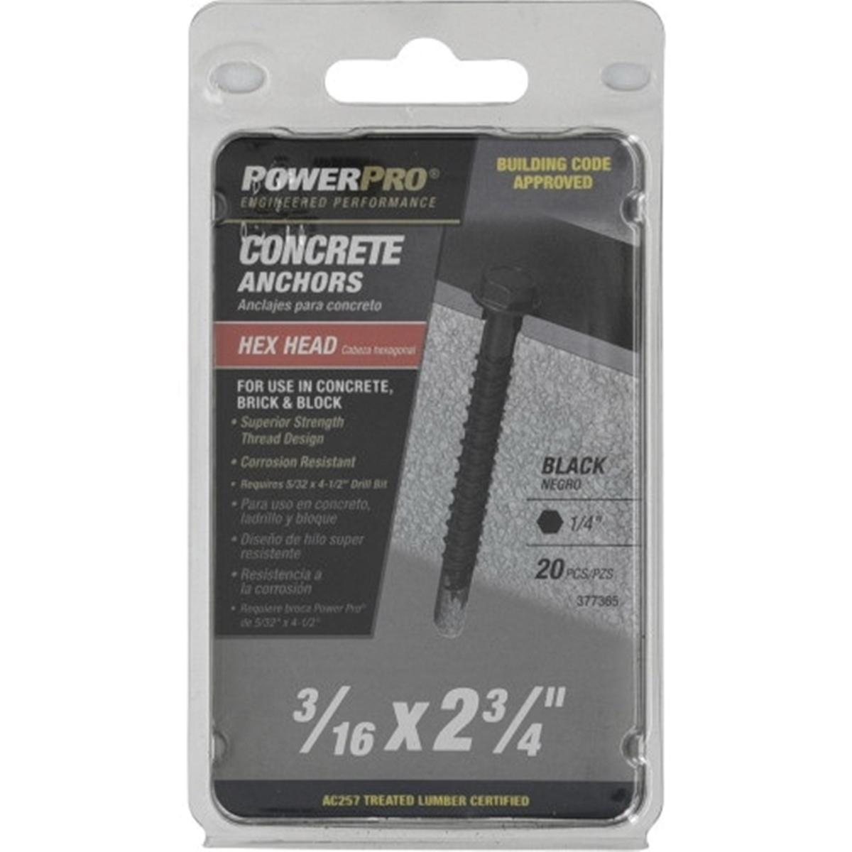 Power Pro 377365 Concrete Screw Anchor, 3/16 in Dia, 2-3/4 in L, Carbon Steel, Epoxy-Coated, Black, 20/PK