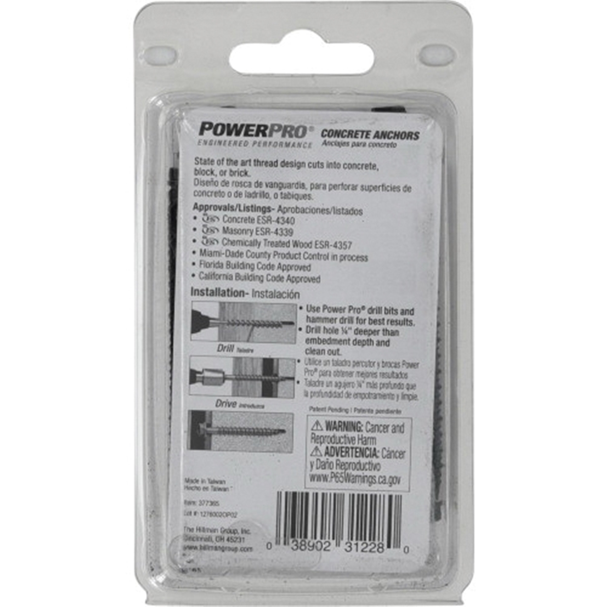 Power Pro 377365 Concrete Screw Anchor, 3/16 in Dia, 2-3/4 in L, Carbon Steel, Epoxy-Coated, Black, 20/PK