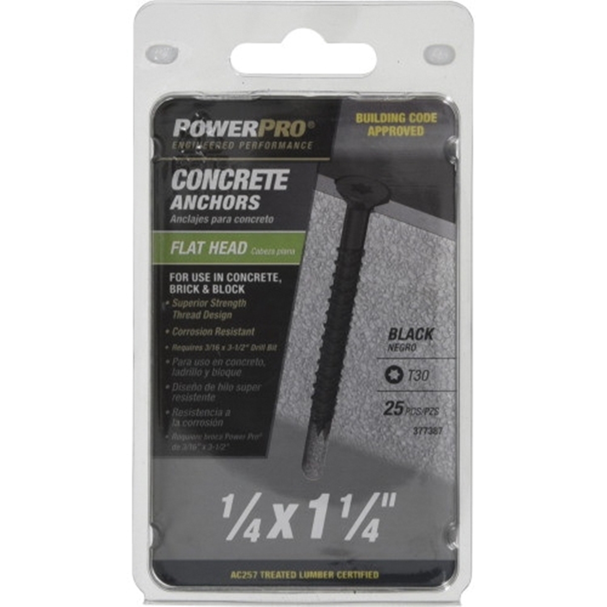 Power Pro 377387 Concrete Screw Anchor, 1/4 in Dia, 1-1/4 in L, Carbon Steel, 25/PK