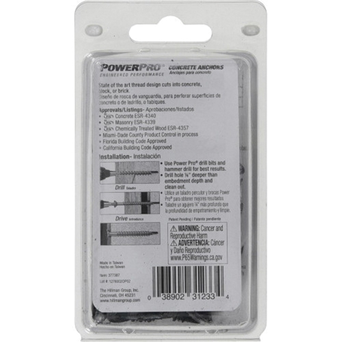 Power Pro 377387 Concrete Screw Anchor, 1/4 in Dia, 1-1/4 in L, Carbon Steel, 25/PK