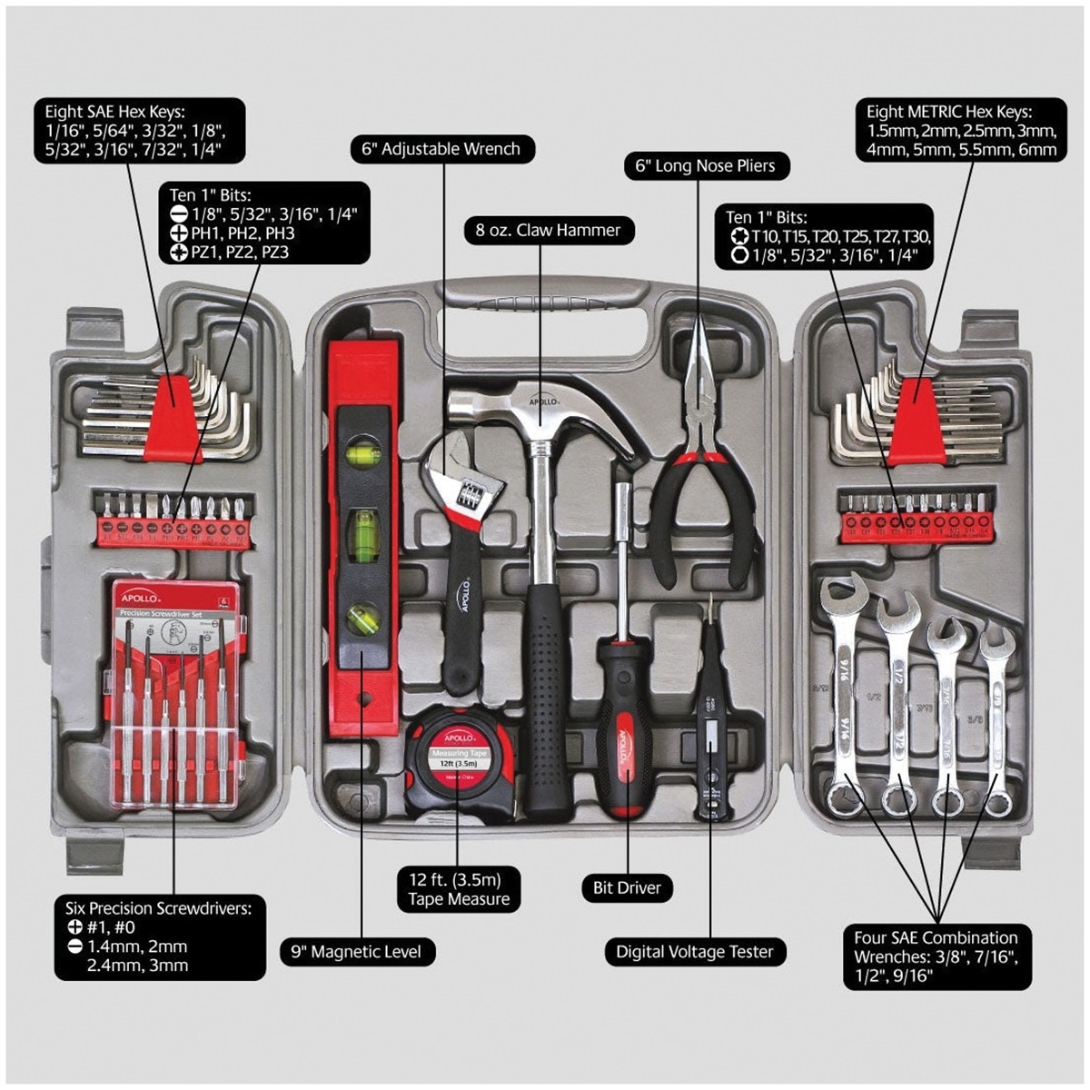 Household/Mechanic Hand Tool Set, Apollo Precision Tools, 53-Piece - 2