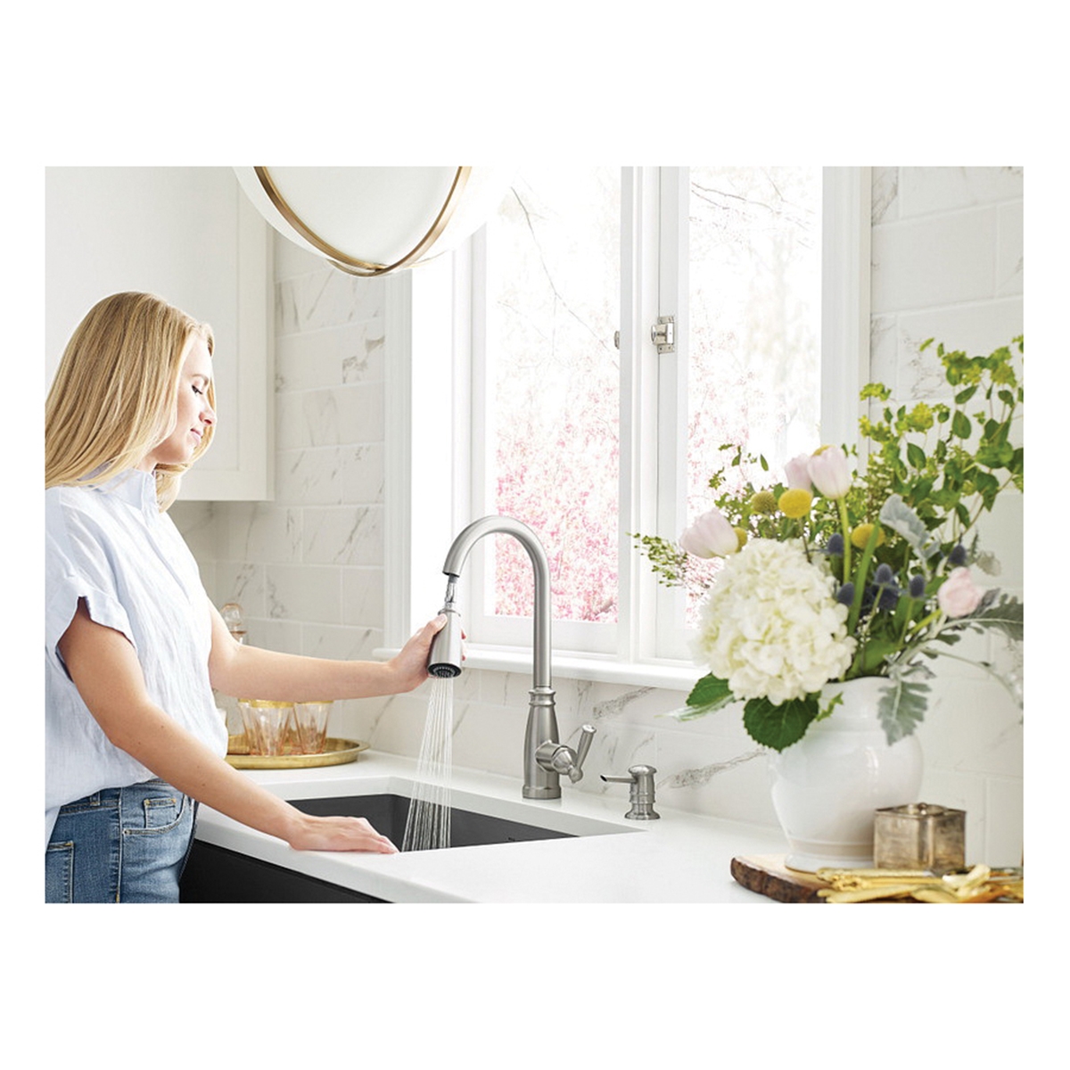 Morado Kitchen Faucet, Moen, Pull Down, 1-Handle, Stainless, Includes Soap Dispenser - 2