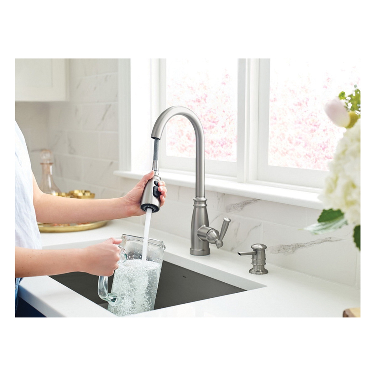 Morado Kitchen Faucet, Moen, Pull Down, 1-Handle, Stainless, Includes Soap Dispenser - 3