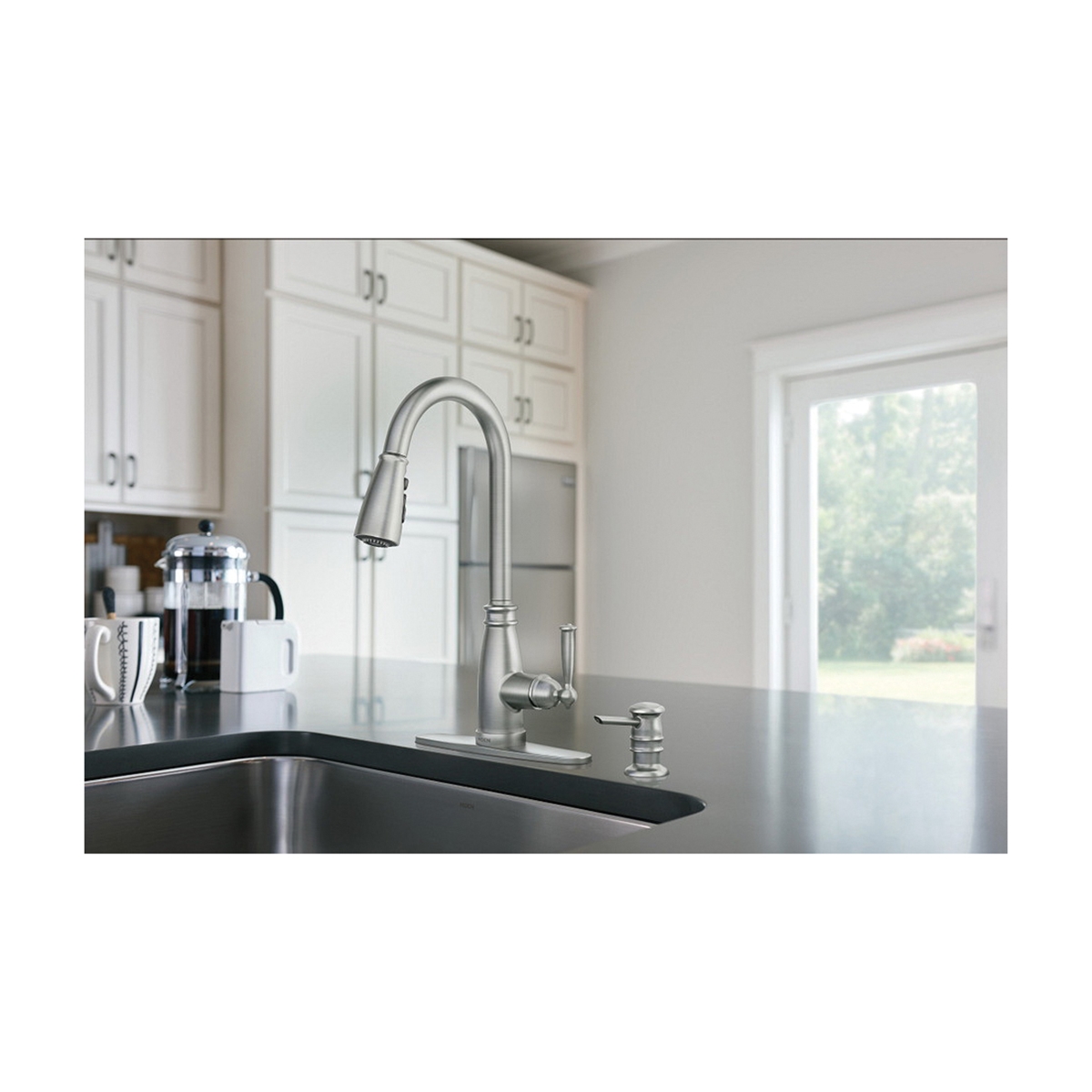 Morado Kitchen Faucet, Moen, Pull Down, 1-Handle, Stainless, Includes Soap Dispenser - 4