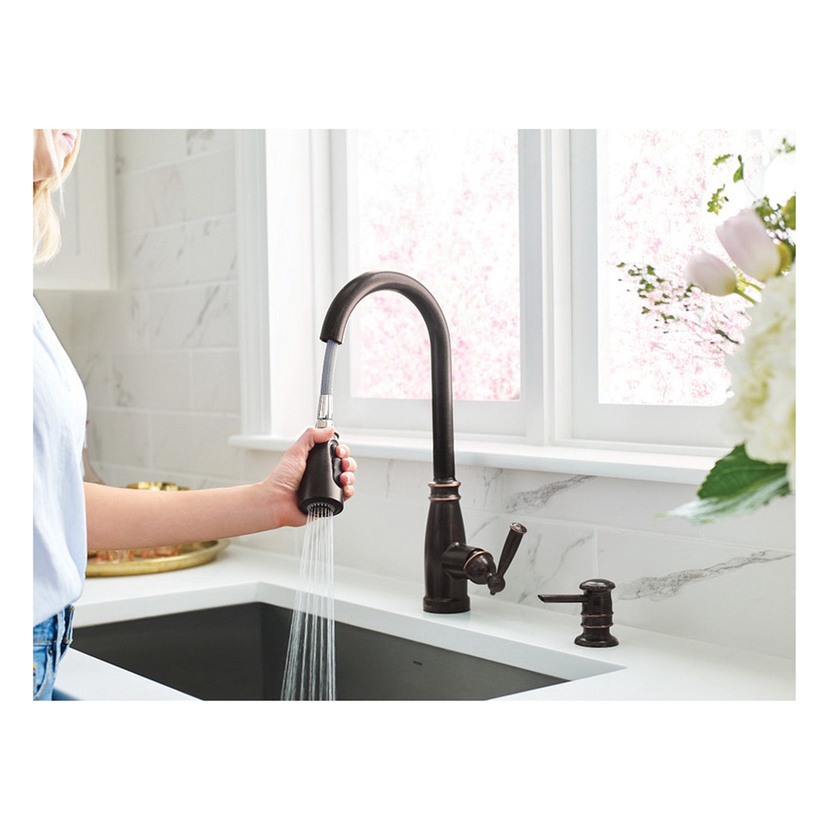 Morado Kitchen Faucet, Moen, Pull Down, 1-Handle, Mediterranean Bronze, Includes Soap Dispenser - 5
