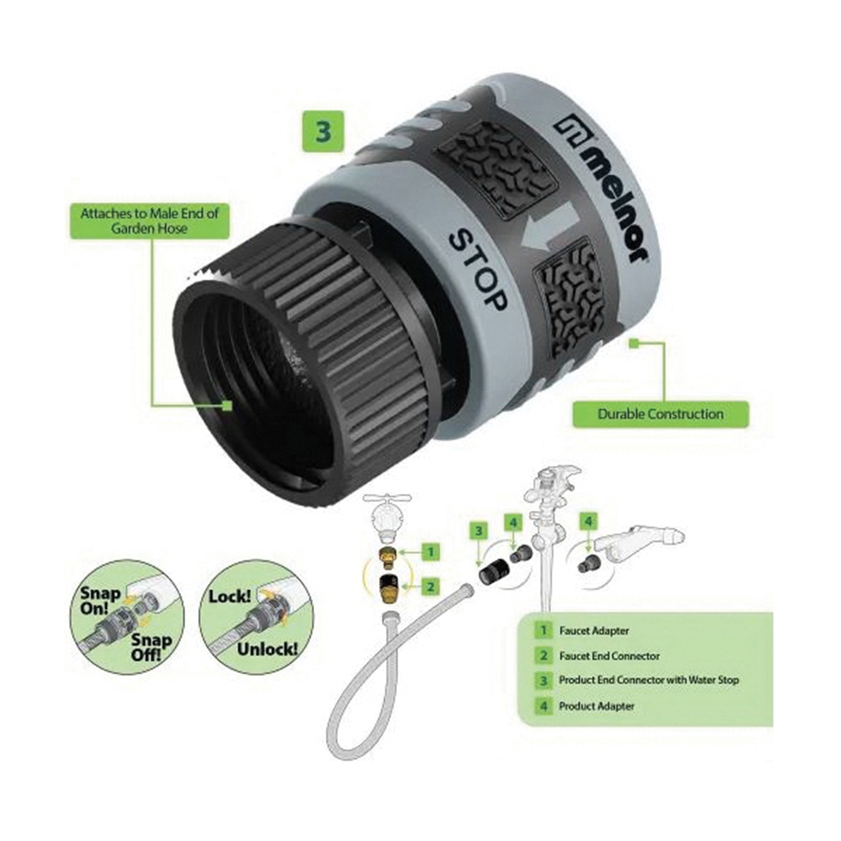 Quickconnect, Product End Connector with Water Stop, Melnor, Male, Plastic - 3