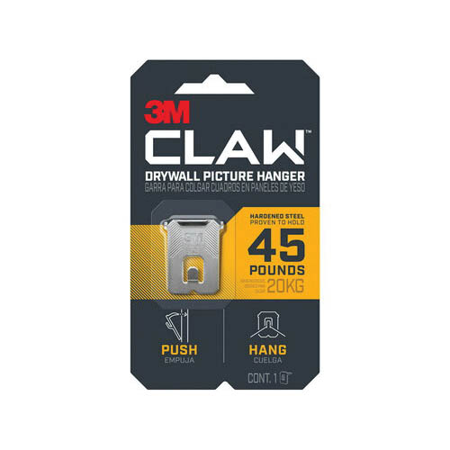 3M CLAW 3PH45-1ES Drywall Picture Hanger, 45 lb, Steel, 1/8 in Projection, Hanging, Wall Mounting