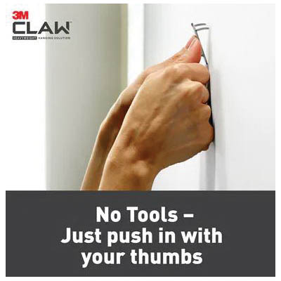 3M CLAW 3PH45-1ES Drywall Picture Hanger, 45 lb, Steel, 1/8 in Projection, Hanging, Wall Mounting