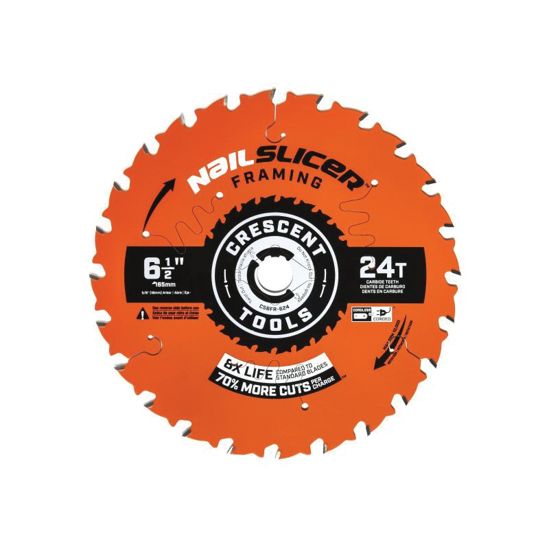 Crescent NailSlicer CSBFR-624-10 Framing Circular Saw Blade, 6-1/2 in Dia, 24-Teeth, Carbide Cutting Edge - 1