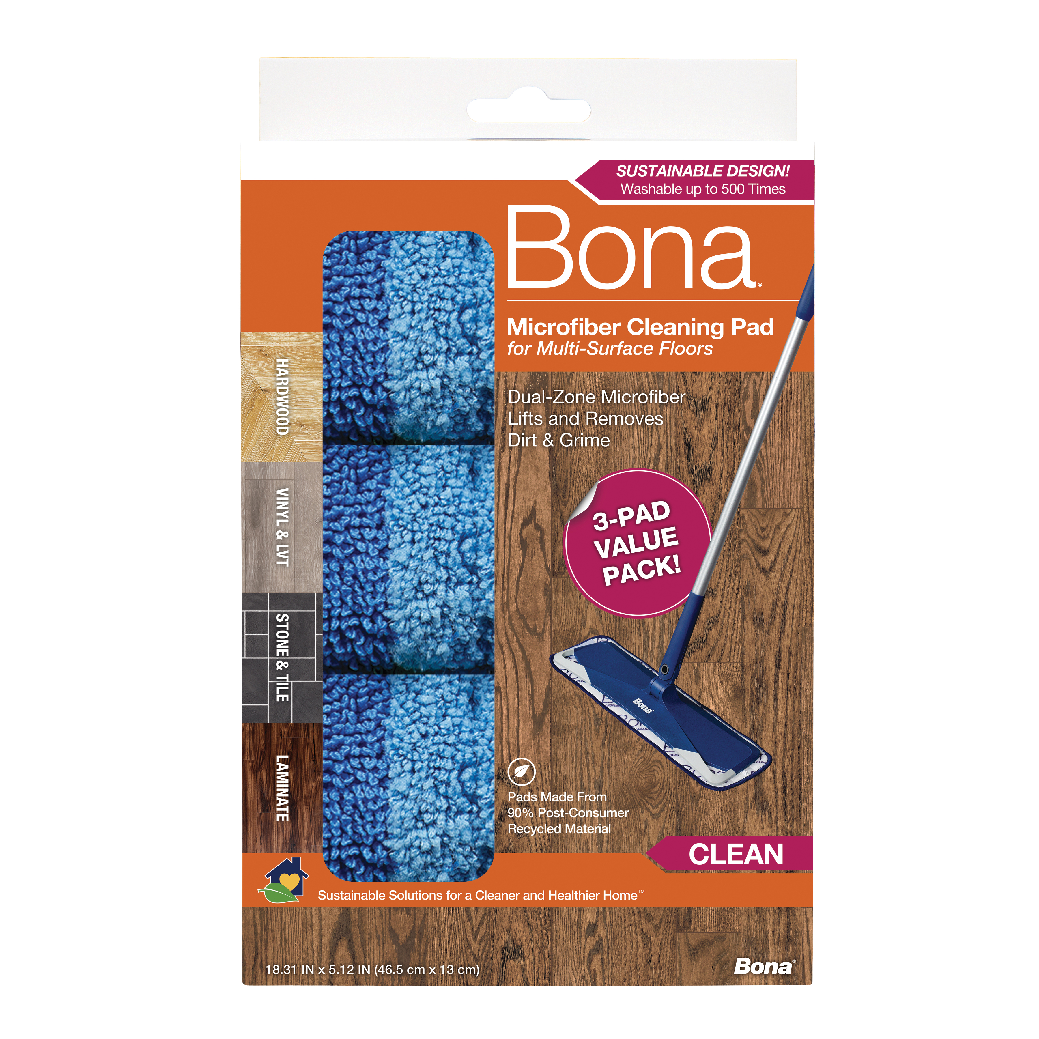 AX0003608 Cleaning Pad, 18.31 in L, 5.12 in W, Microfiber, Blue, Machine Washable: Yes