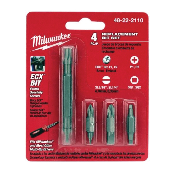 Milwaukee 48-22-2110 Replacement Bit Set, #1, #2, 3/16 in, 1/4 in Tip, Phillips, Slotted, Square Tip