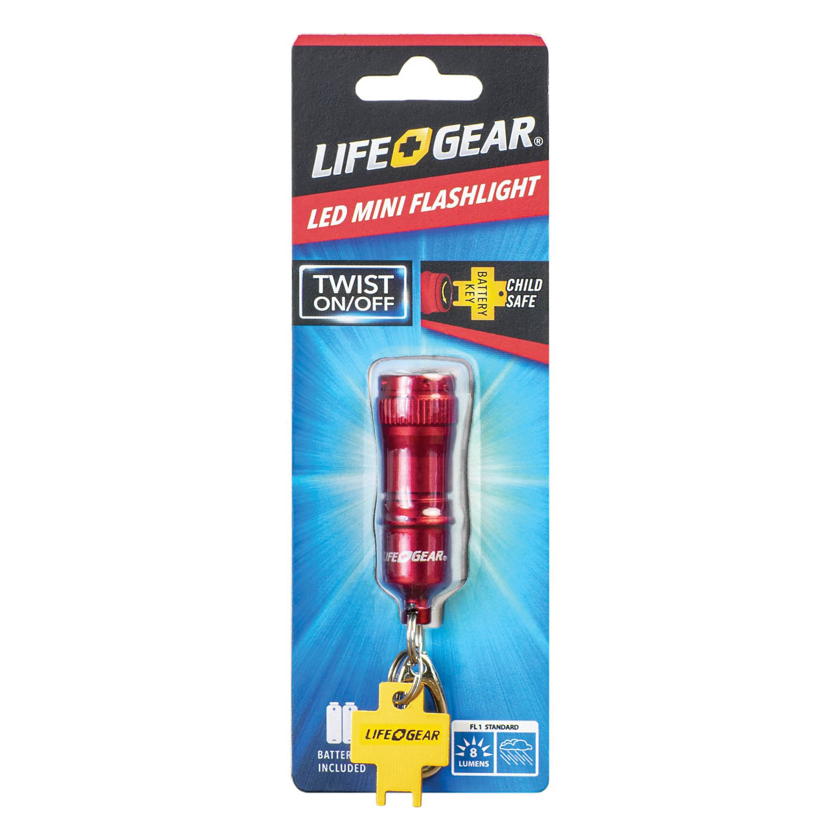 LifeGear 41-3944 Mini Keychain Flashlight, LR41 Battery, LED Lamp, 8 Lumens, Black/Blue/Pink/Red/Silver