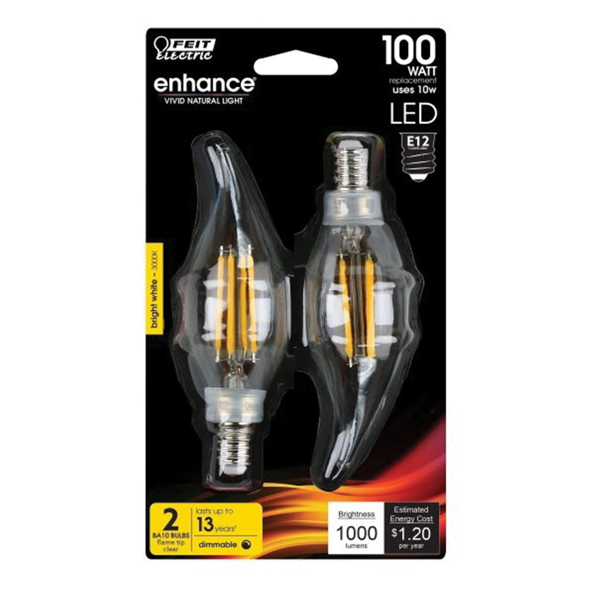 Feit Electric BPCFC100927CAFIL/2 LED Light Bulb, 120 V, 10 W, Bent Tip Lamp, 100 W Equivalent, Dimmable, Clear, 2 PK