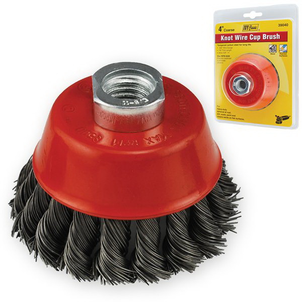 IVY Classic 39040 Wire Cup Brush, 4 in Dia, 5/8-11 Arbor/Shank, Knot Bristle, 0.02 in Dia Bristle, 7/8 in L Bristle Trim