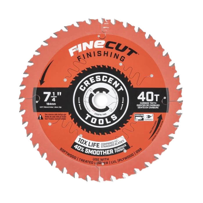 FineCut CSBFN-740 Finishing Circular Saw Blade, Wood, 7-1/4 in Dia, 5/8 in Arbor, 40-Teeth, Premium Carbide Cutting Edge