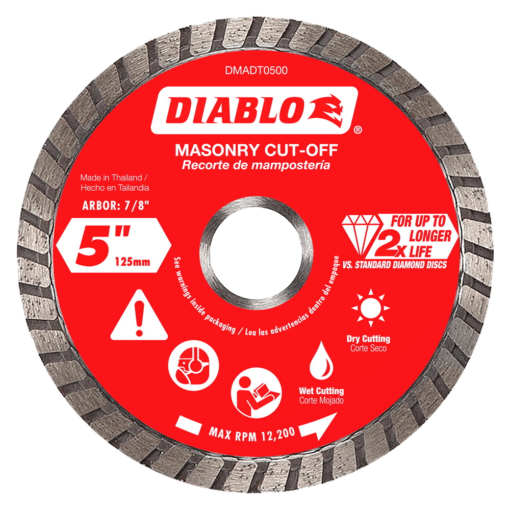 DMADT0500 Cut-Off Disc, 5 in Dia, 7/8, 5/8 in Arbor, Diamond Cutting Edge, Turbo Rim