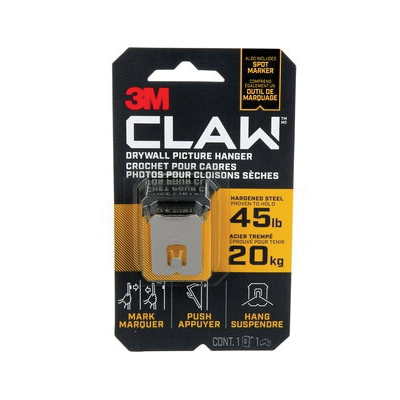 3M 3PH45M-1EF Picture Hanger, 45 lb, Steel, Drywall, 0.57 in L x 1.1 in W x 1.6 in H, 1/PK