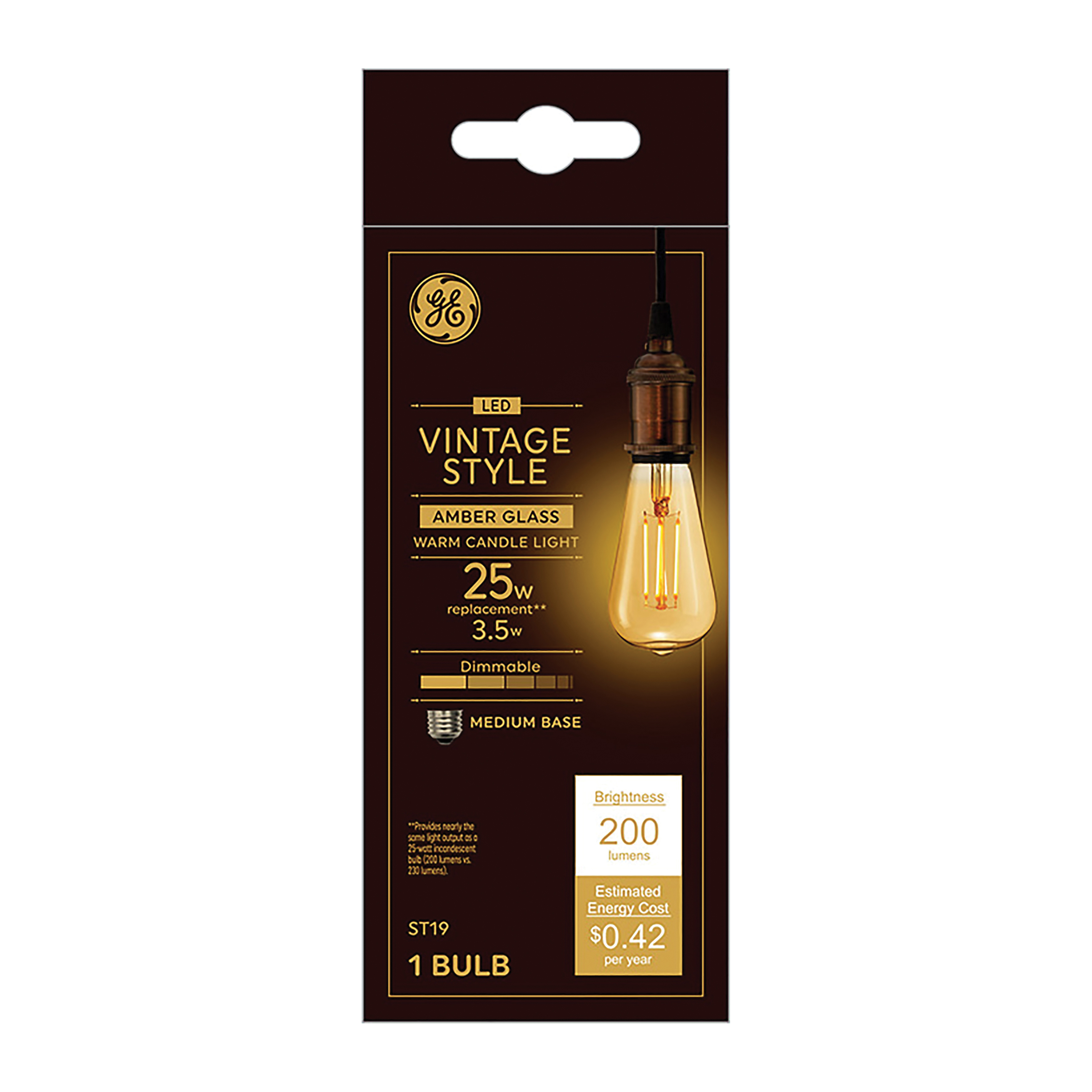 36811 Light Bulb, Vintage, ST19 Lamp, Medium (E26) Lamp Base, Dimmable, Amber, 2200 K Color Temp