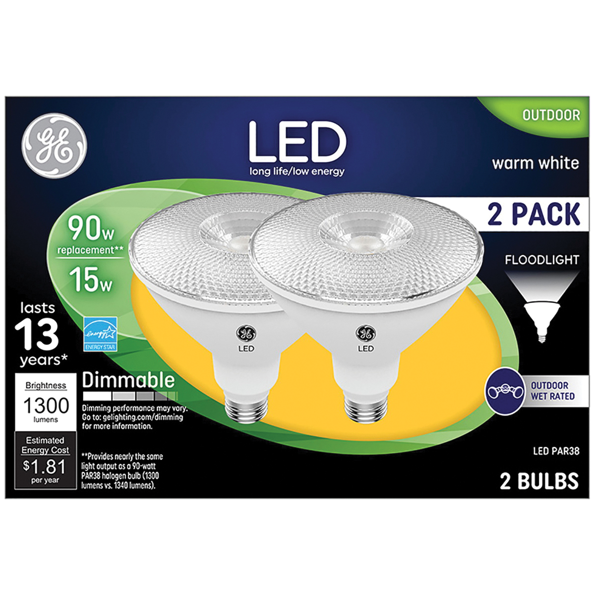 38452 Floodlight Bulb, PAR38 Lamp, 90 W Equivalent, Medium Lamp Base, Dimmable, Bright White Light, 3000 K Color Temp