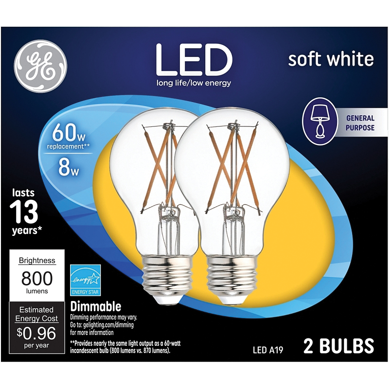 93098656 Light Bulb, General-Purpose, A19 Lamp, 60 W Equivalent, Medium Lamp Base, Dimmable, Clear, Soft White Light
