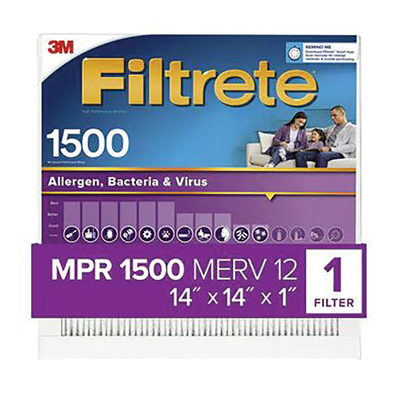 UP11-4 Air Filter, 14 in L, 14 in W, 12 MERV, 1500 MPR